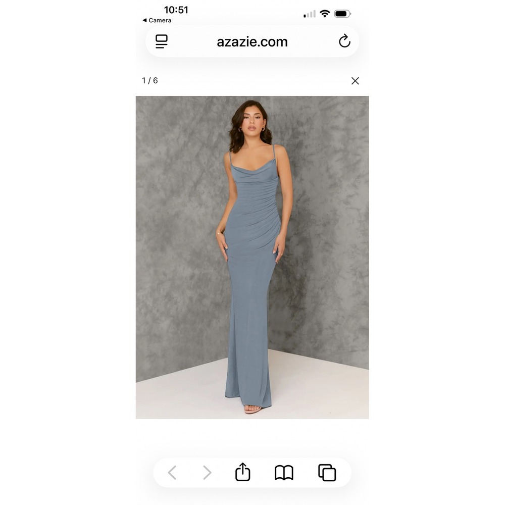 Azazie Beryl Dusty Blue Cowl Neck Backless Ruched Jersey Formal Dress A2 NEW